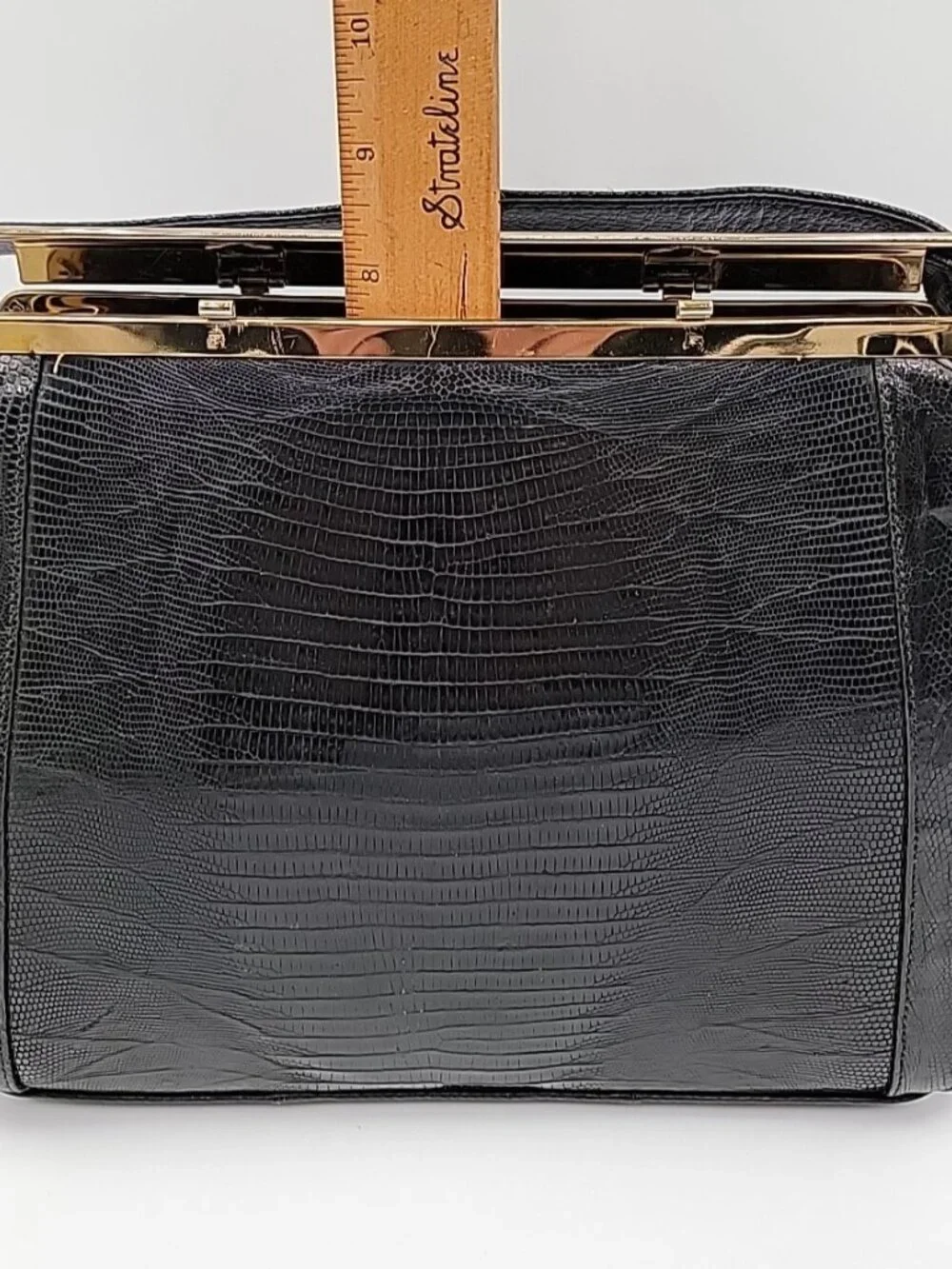 Vintage Sterling USA Black Genuine Lizard Skin Handbag Mid Century Frame Purse